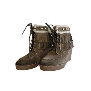 Sam Edelman Kemper Fringe Wedge Boots Size 11M Brown Suede Lace Up Shearling Tri